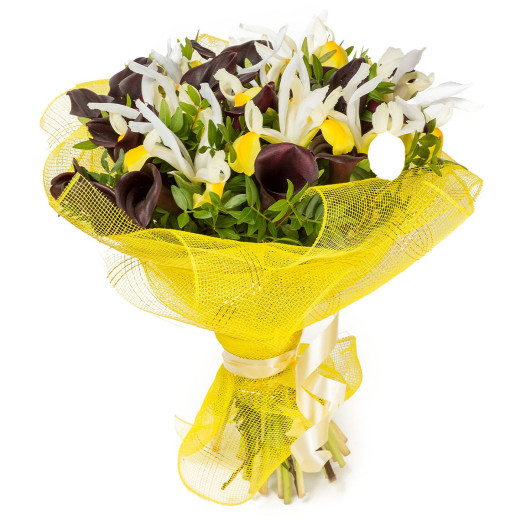 Букет из ирисов и калл «Яркая надежда»