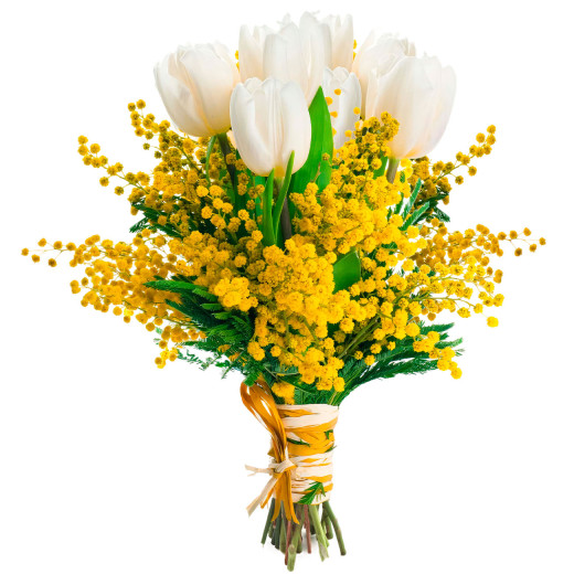 Букет с тюльпанами и мимозой «Цветочный шарм»