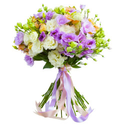 Эустома ассорти из фиолетовой, белой и оранжевой