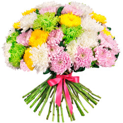 Одноголовая хризантема ассорти из розовой, белой, желтой и зеленой
