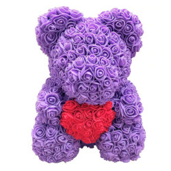 Мишка из роз фиолетовый с красным сердцем (40 см)