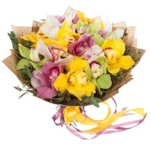 Орхидея ассорти из розовой, зеленой, белой и желтой