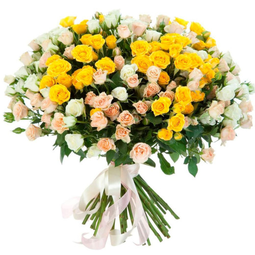 Кустовая роза ассорти из желтой, бежевой и белой