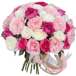 Пионовидная роза одноголовая ассорти из розовой, белой и красной