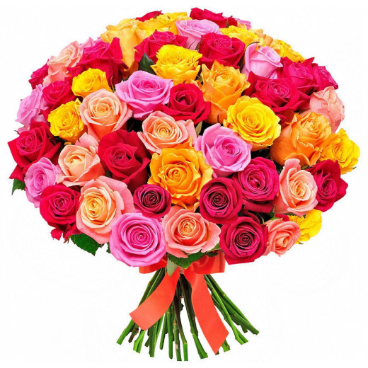 Российская роза ассорти из желтой, розовой, красной, оранжевой и кремовой