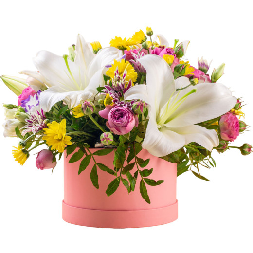 Цветы в цилиндрической коробке «Тепло рассвета»