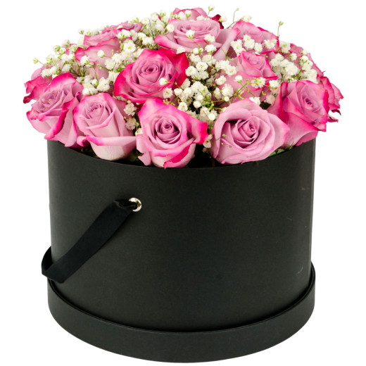 Шляпная коробка с розами и гипсофилами «Восхитительное утро»