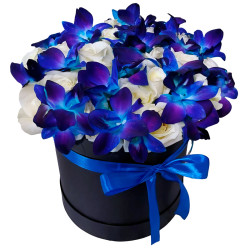 Шляпная коробка с розами и дендробиумами «Небесное очарование»