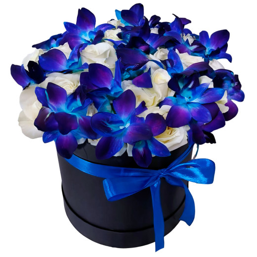 Шляпная коробка с розами и дендробиумами «Небесное очарование»